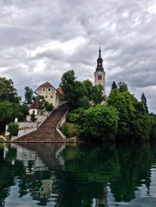 Pilgrimige church on the only natural island in Slovenia. There are 99 steps to ring the church bell.