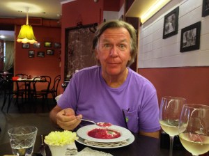 Norm eating "Borscht" soup! He HATES beets and this is made out of beetroots!! But you have to eat the local food. It's a rule, kinda like the "carry-on" luggage only. LOL!