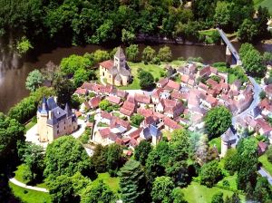 Aerial view of St. Leon-sur-Vezere with our next door neighbor's Castle and our landlord's Castle.