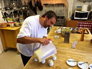 Here is Ian pouring the cauliflower soup into these tiny cups! Another use for the many espresso cups in France. Just enough to wet your appetite and not get to full to enjoy the dinner.