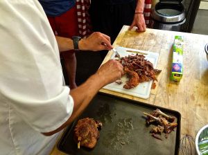 Here is the duck after it had been roasted in a very hot pan for about 20 minutes and we are shredding it. 