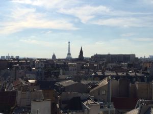 Paris Skyline including Eiffel Tower from the rooftop restaurant of the Holiday Inn St. Germain de Pres. 