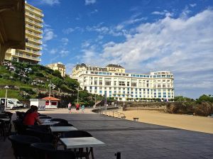 Biarritz casino from outdoor cafe on La Grande Plage.